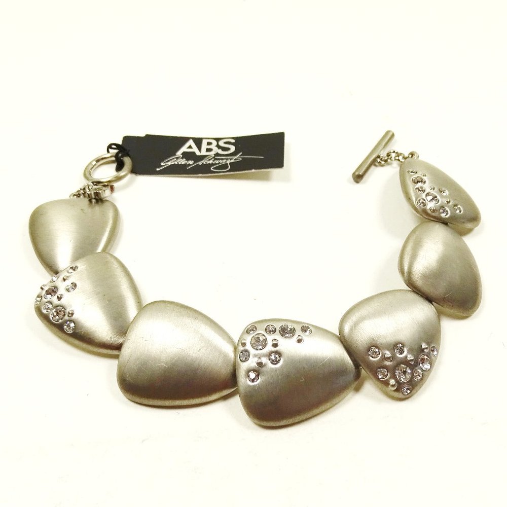 ABS by ALLEN SCHWARTZ Brushed Silver Tone Metal Clear Crystals Link Bracelet